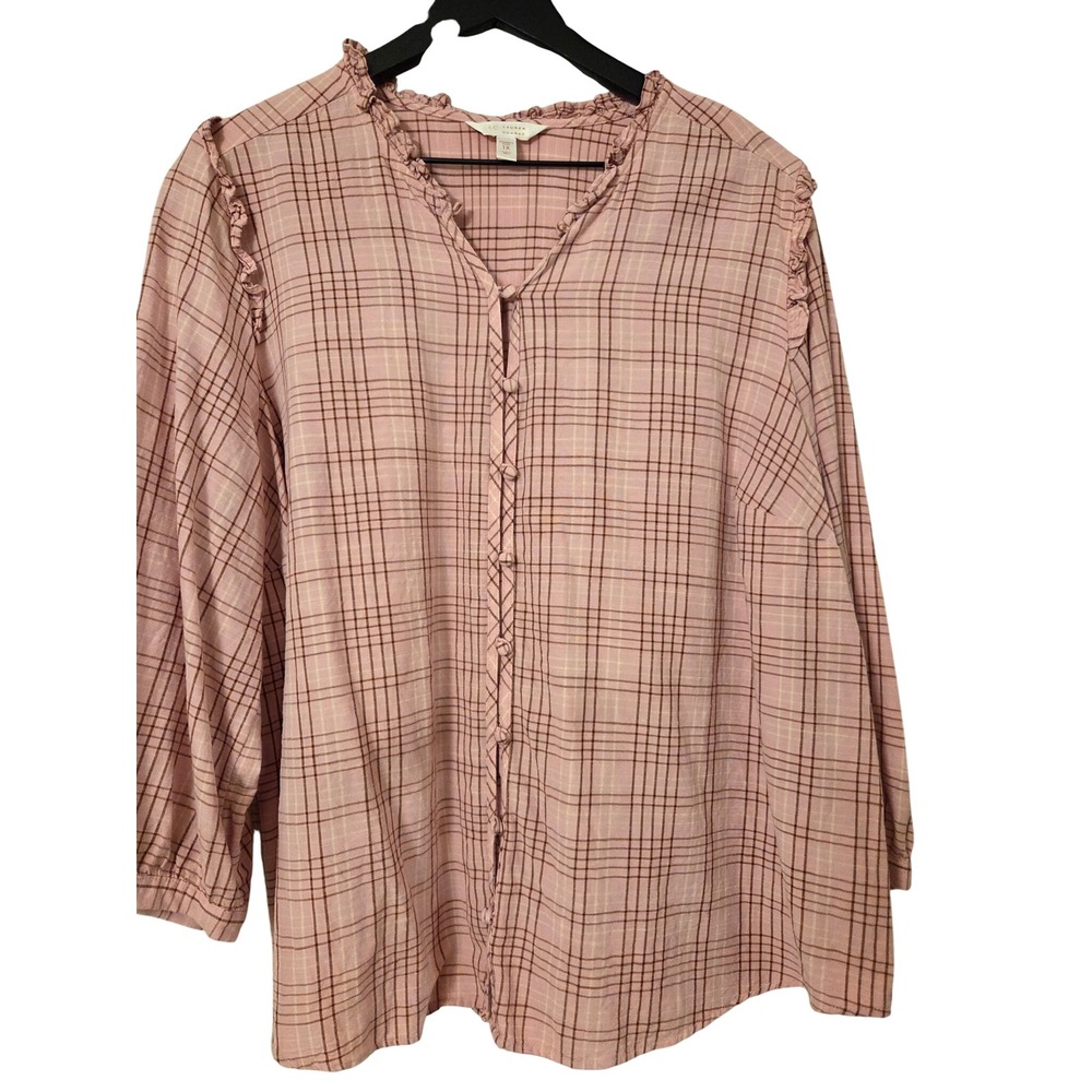 LC Lauren Conrad Pink Plaid Ruffle V-Neck Button Front Blouse Womens Plus 1X